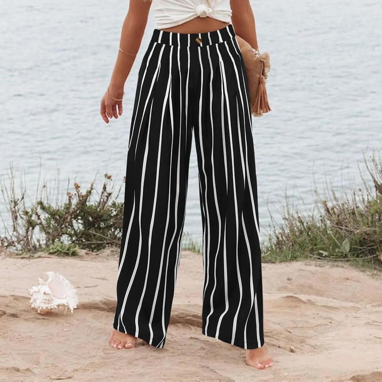 Wide Leg Dress Pants for Women Business Casual Elastic Waist Comfy Work Pants Baggy Lounge Pants Trousers with Pocket