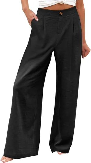 Wide Leg Dress Pants for Women Business Casual Elastic Waist Comfy Work Pants Baggy Lounge Pants Trousers with Pocket