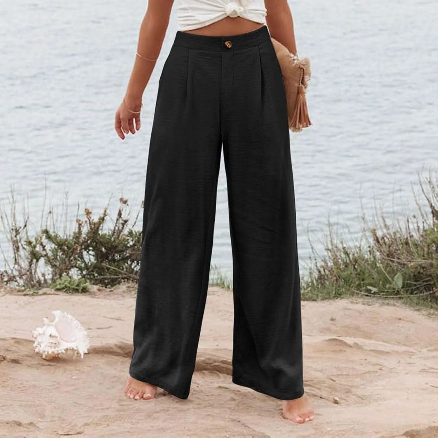 Wide Leg Dress Pants for Women Business Casual Elastic Waist Comfy Work Pants Baggy Lounge Pants Trousers with Pocket