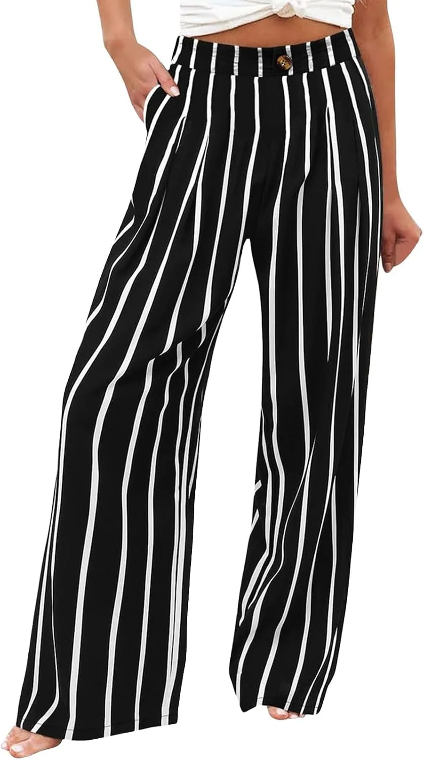 Wide Leg Dress Pants for Women Business Casual Elastic Waist Comfy Work Pants Baggy Lounge Pants Trousers with Pocket