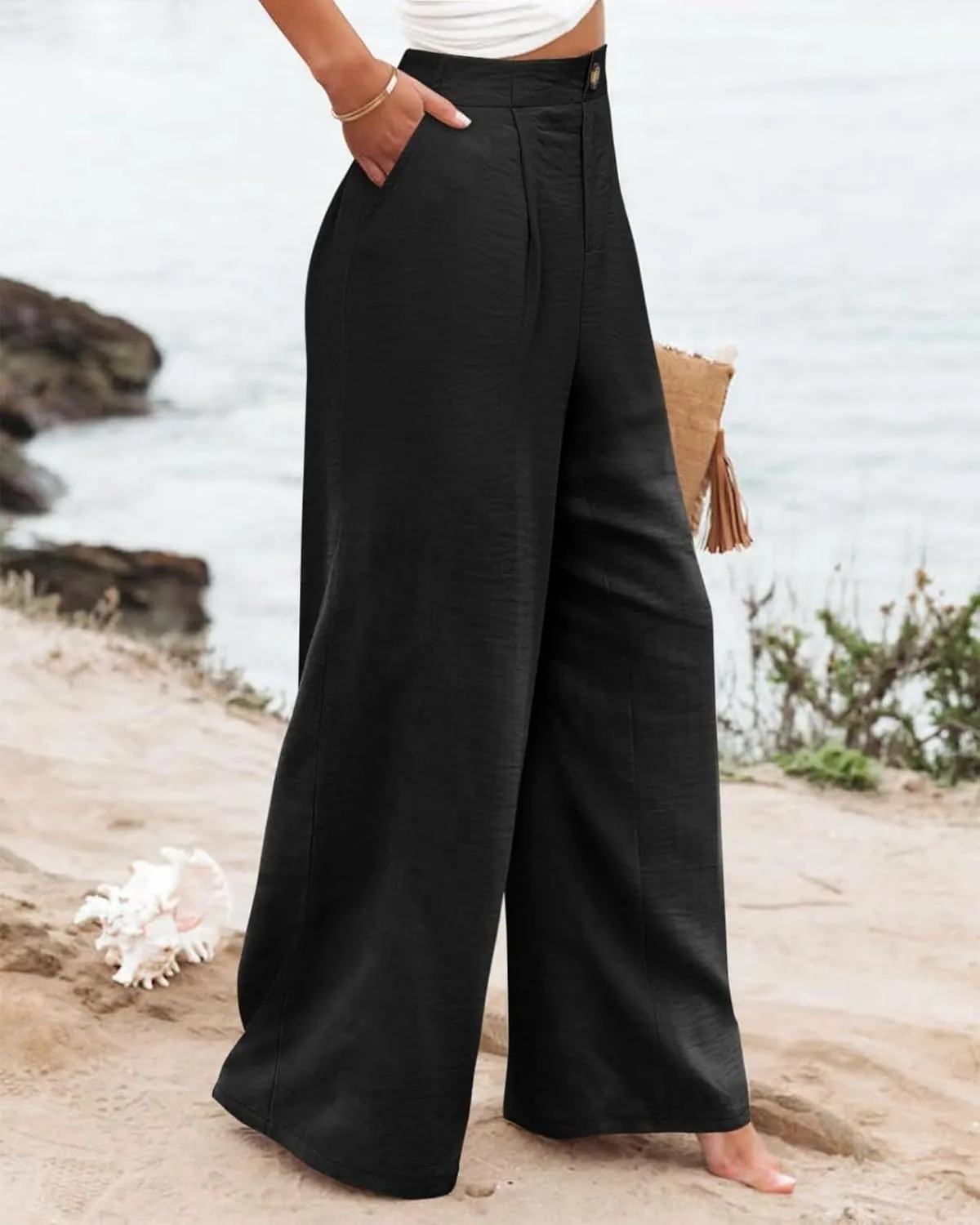 Wide Leg Dress Pants for Women Business Casual Elastic Waist Comfy Work Pants Baggy Lounge Pants Trousers with Pocket