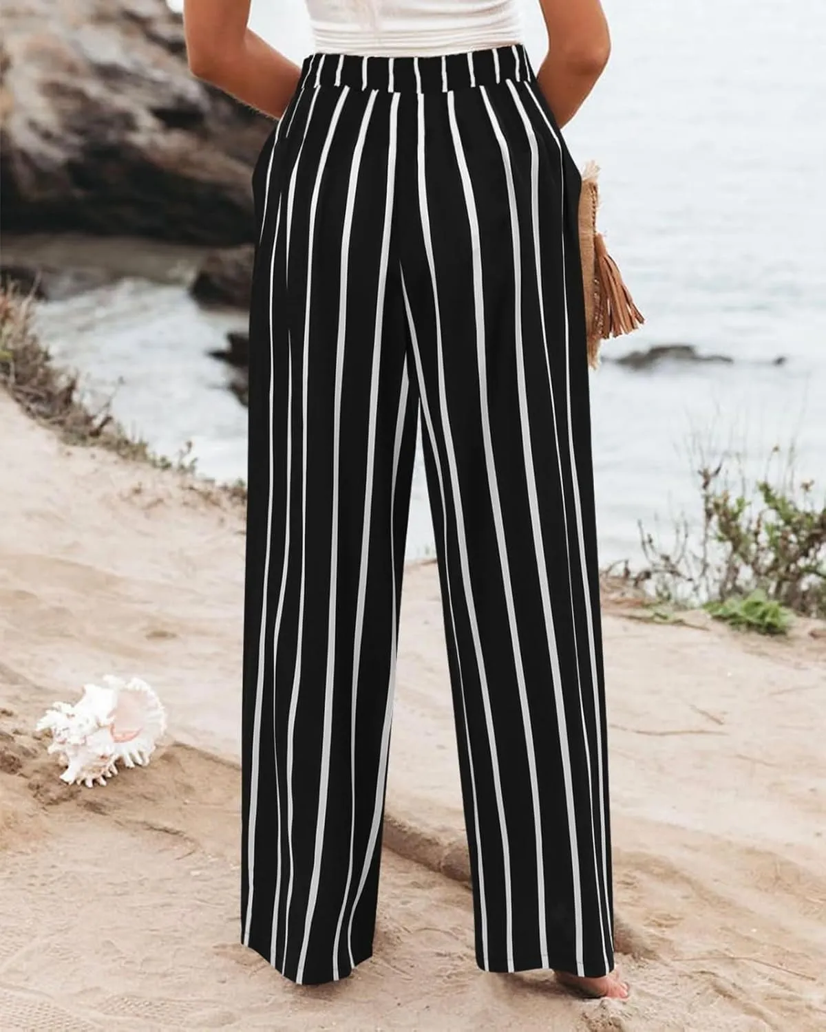 Wide Leg Dress Pants for Women Business Casual Elastic Waist Comfy Work Pants Baggy Lounge Pants Trousers with Pocket