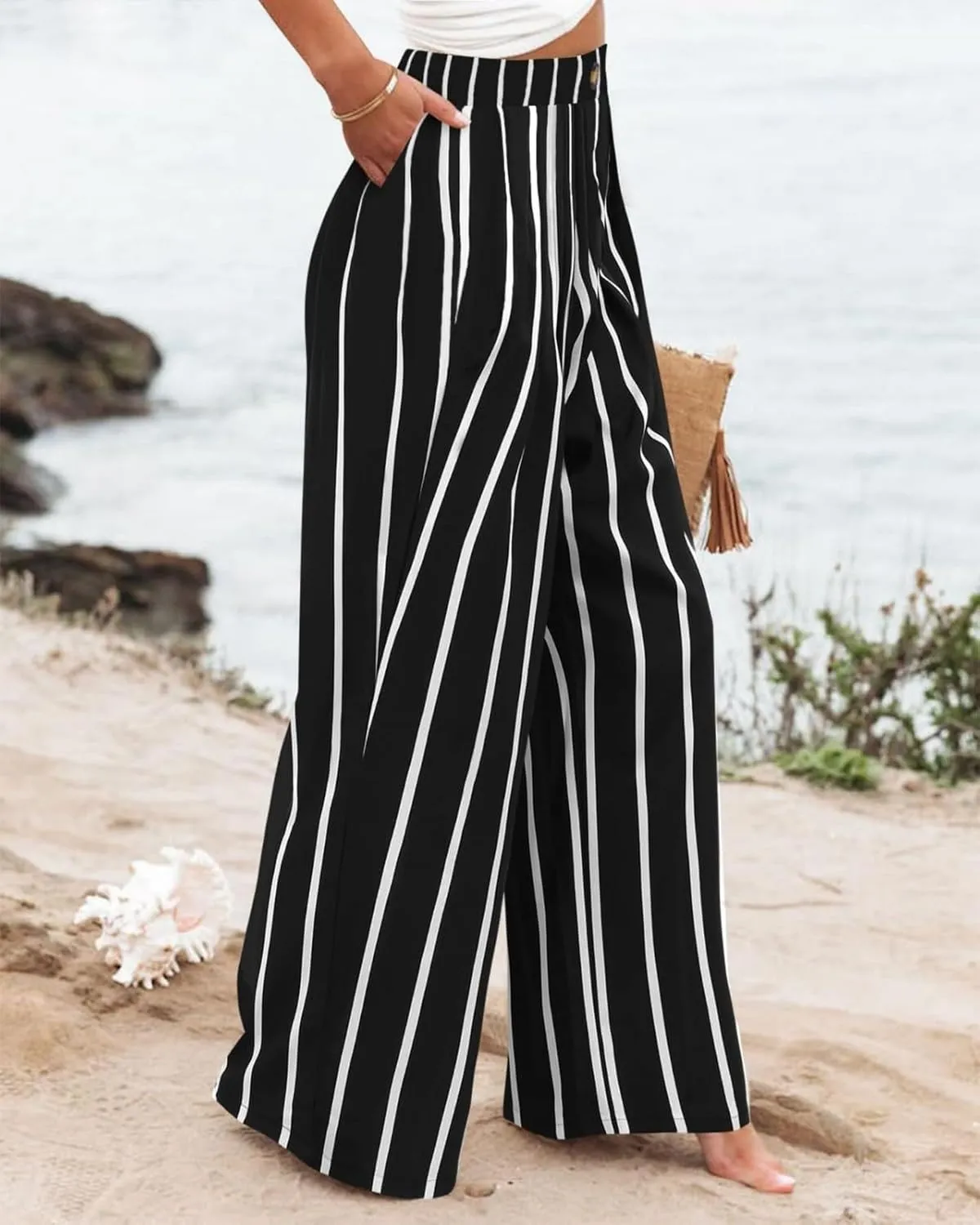 Wide Leg Dress Pants for Women Business Casual Elastic Waist Comfy Work Pants Baggy Lounge Pants Trousers with Pocket