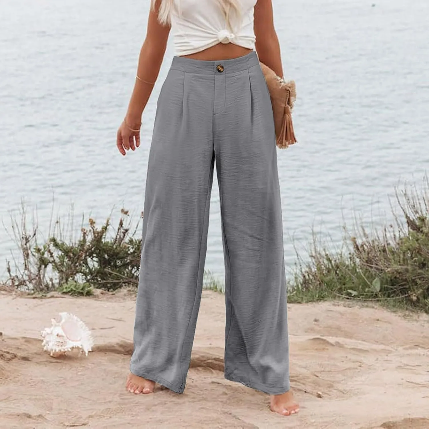Wide Leg Dress Pants for Women Business Casual Elastic Waist Comfy Work Pants Baggy Lounge Pants Trousers with Pocket