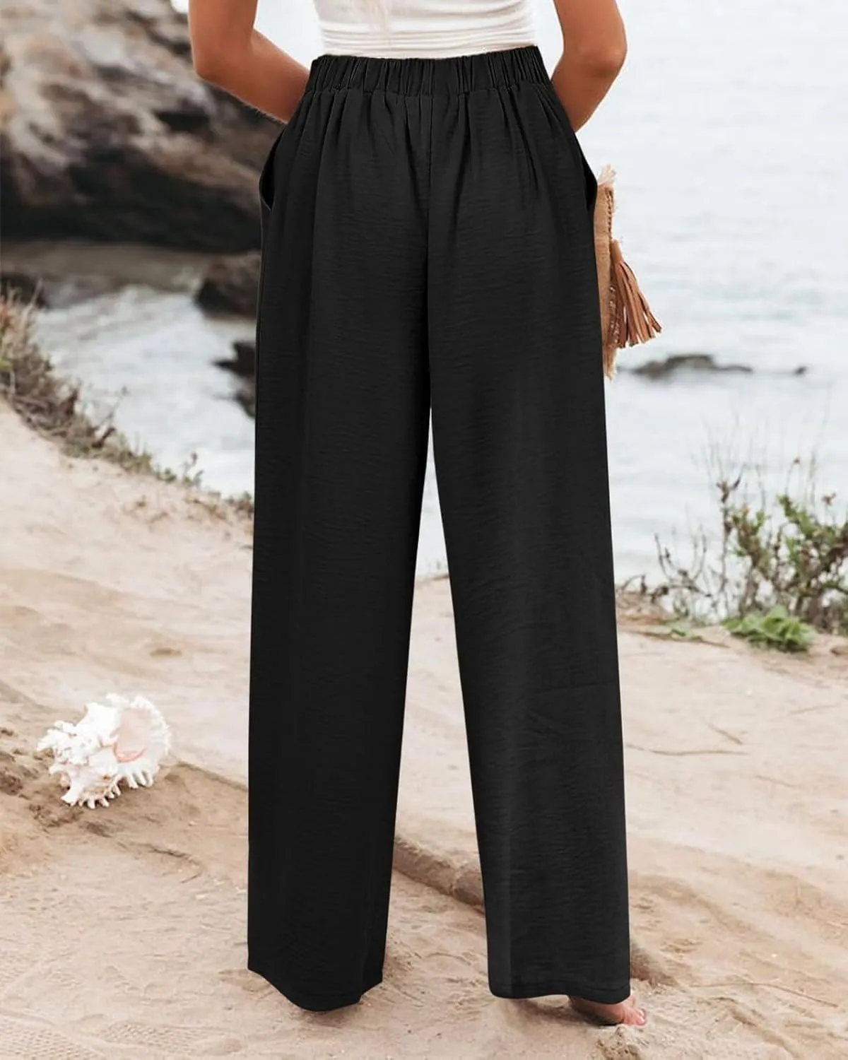 Wide Leg Dress Pants for Women Business Casual Elastic Waist Comfy Work Pants Baggy Lounge Pants Trousers with Pocket