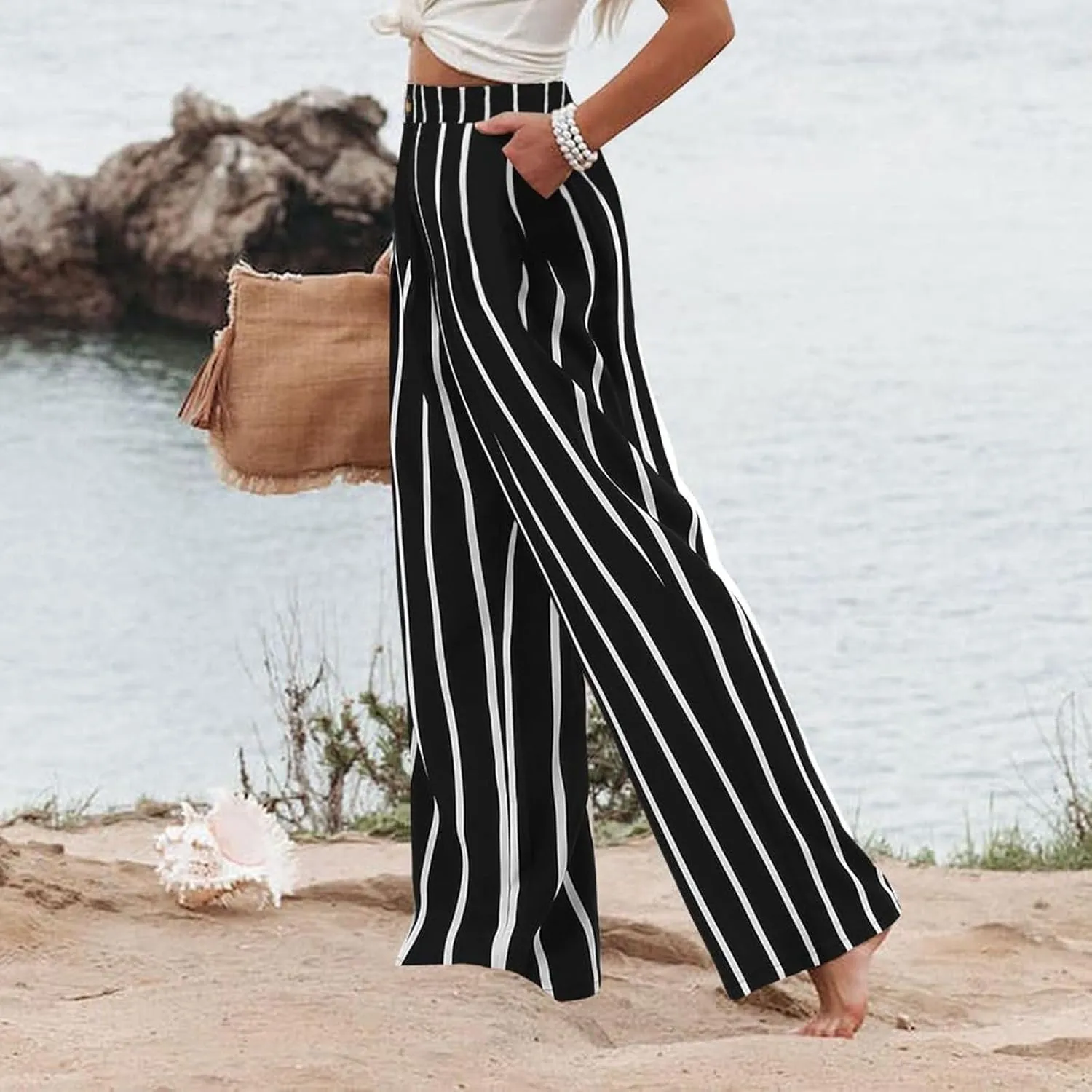 Wide Leg Dress Pants for Women Business Casual Elastic Waist Comfy Work Pants Baggy Lounge Pants Trousers with Pocket