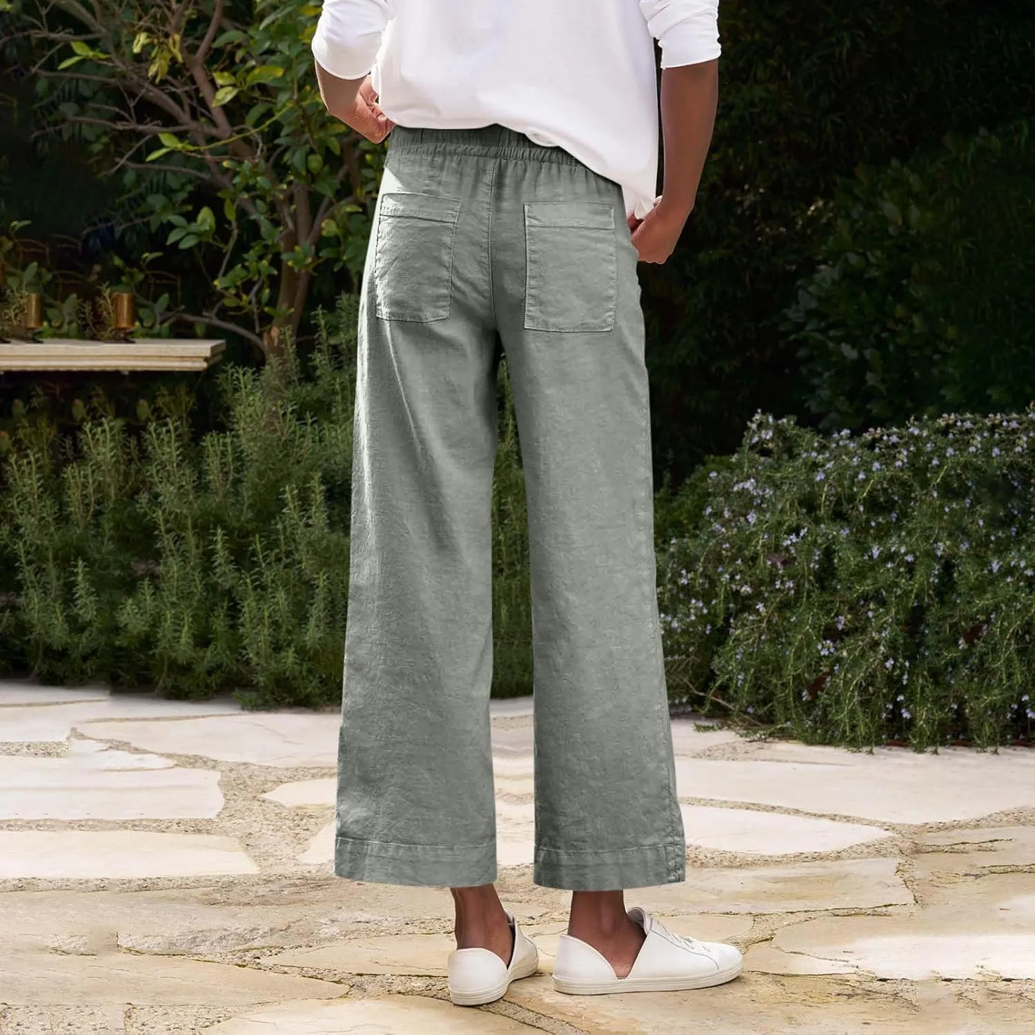 Wide Leg Linen Pants for Women Elastic High Waisted Straight Leg Trousers Casual Summer Cropped Pants with Pockets
