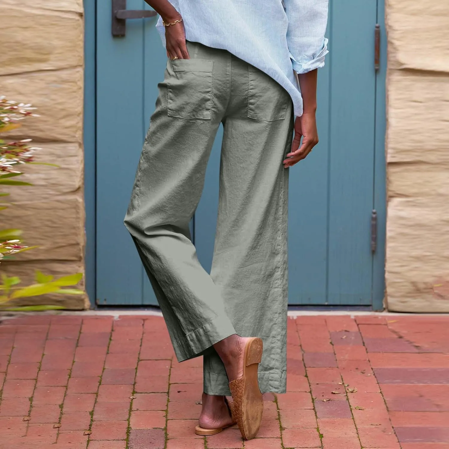 Wide Leg Linen Pants for Women Elastic High Waisted Straight Leg Trousers Casual Summer Cropped Pants with Pockets