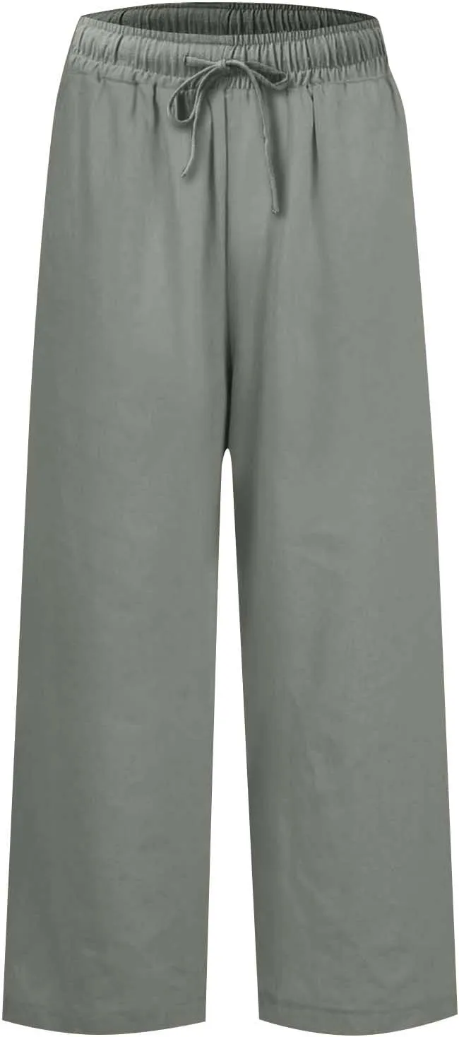 Wide Leg Linen Pants for Women Elastic High Waisted Straight Leg Trousers Casual Summer Cropped Pants with Pockets
