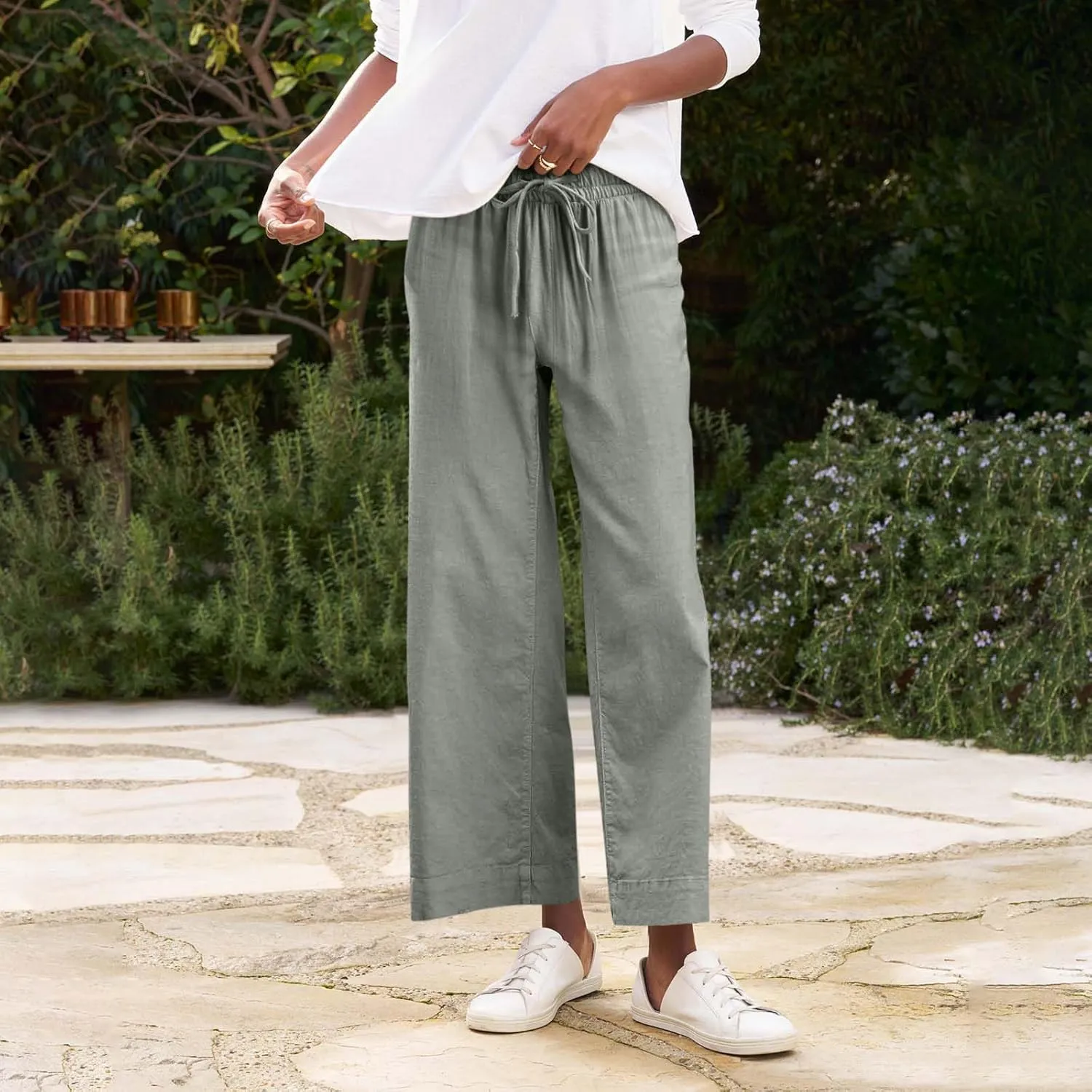 Wide Leg Linen Pants for Women Elastic High Waisted Straight Leg Trousers Casual Summer Cropped Pants with Pockets