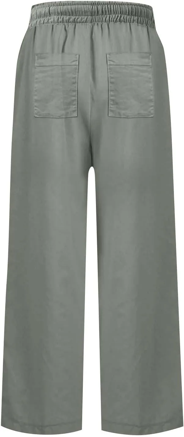 Wide Leg Linen Pants for Women Elastic High Waisted Straight Leg Trousers Casual Summer Cropped Pants with Pockets