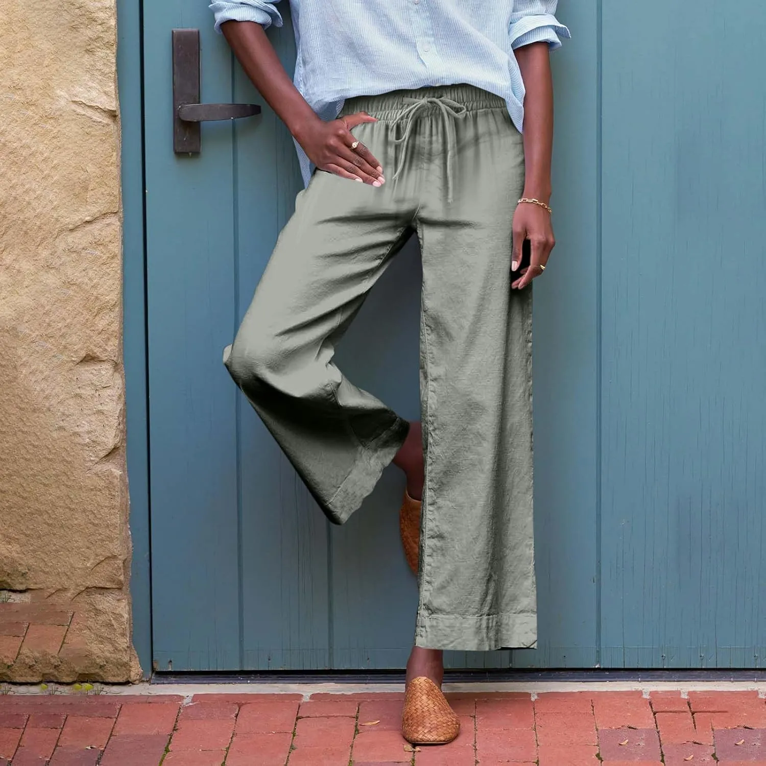 Wide Leg Linen Pants for Women Elastic High Waisted Straight Leg Trousers Casual Summer Cropped Pants with Pockets