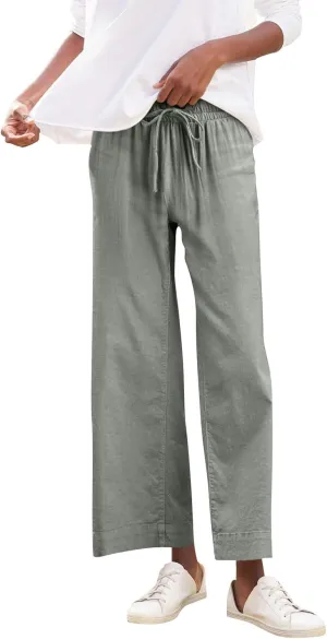 Wide Leg Linen Pants for Women Elastic High Waisted Straight Leg Trousers Casual Summer Cropped Pants with Pockets