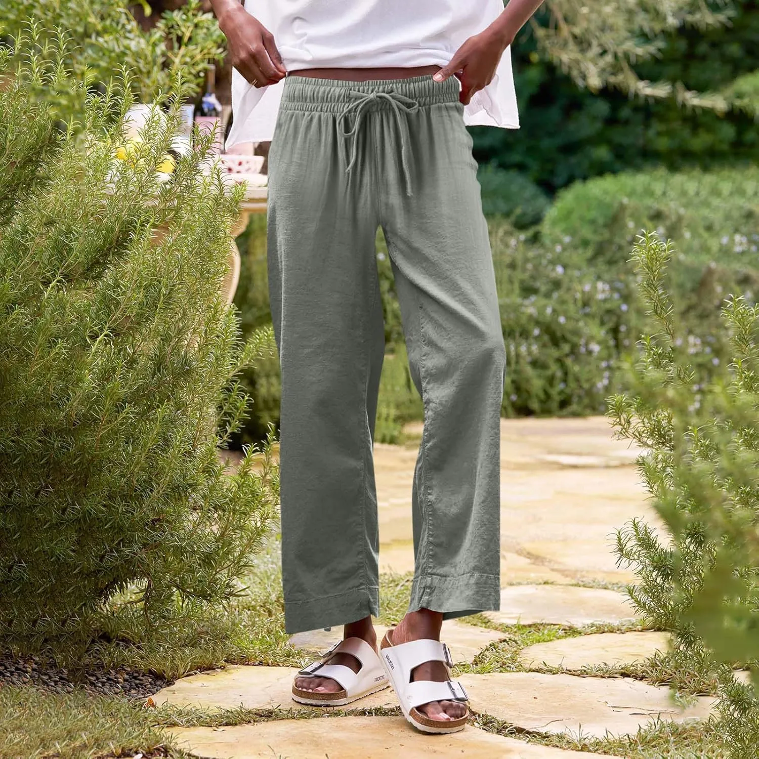 Wide Leg Linen Pants for Women Elastic High Waisted Straight Leg Trousers Casual Summer Cropped Pants with Pockets