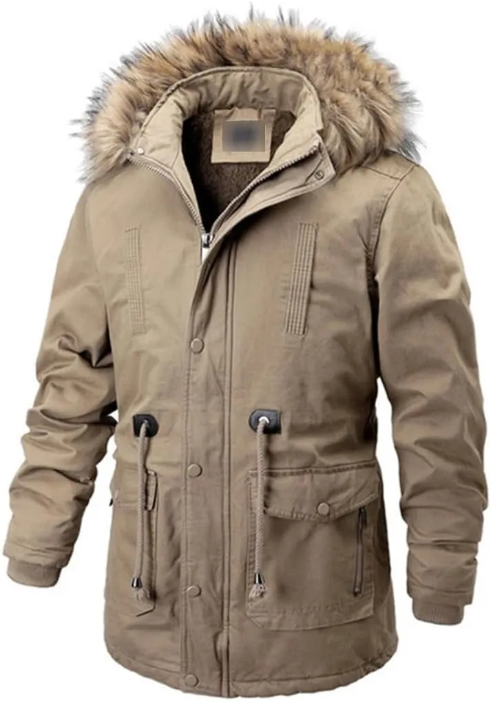Winter Fleece Outwear Thick Parka Mens Big Pockets Medium-Long Warm Cotton Padded Coat Causal Overcoat