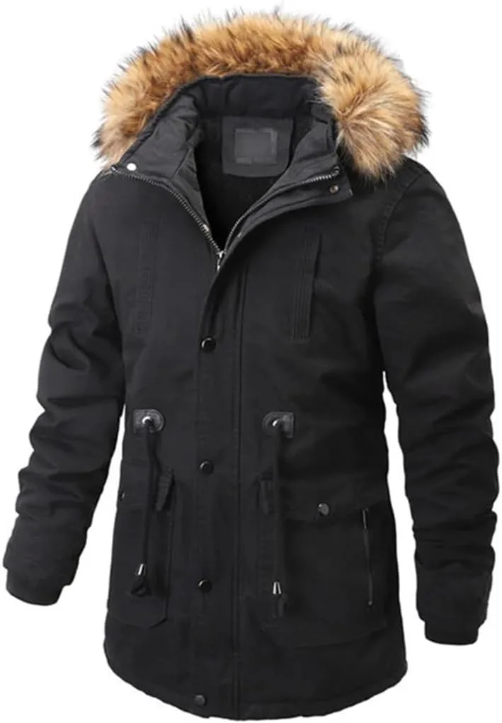 Winter Fleece Outwear Thick Parka Mens Big Pockets Medium-Long Warm Cotton Padded Coat Causal Overcoat