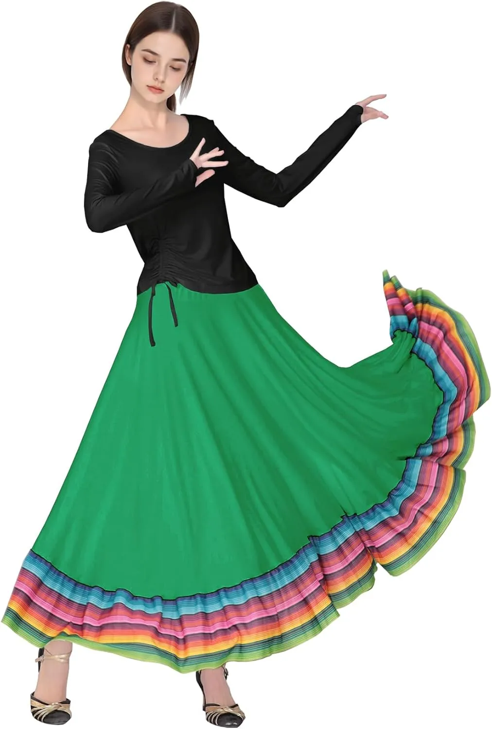 Women Ballroom Dance Skirt Swing High Waist Long Skirts Folkloric Mexican Flamenco Dance Skirt