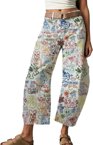 Women Barrel Jeans Casual Wide Leg Baggy Daisy Printed Pants Y2k Boyfriend Mid Rise Denim Ankle Pants