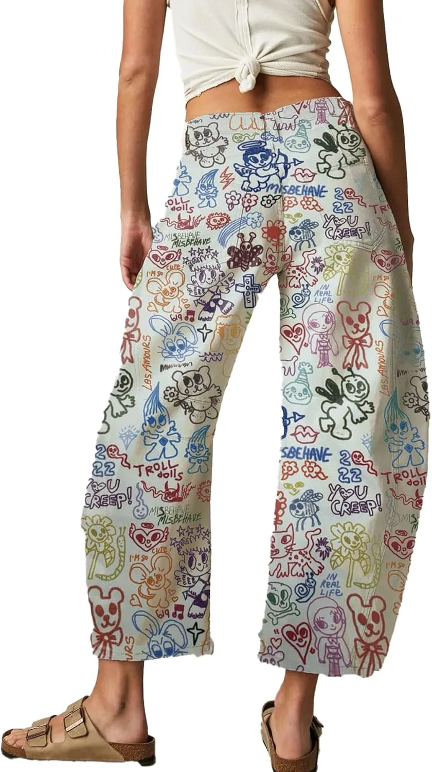 Women Barrel Jeans Casual Wide Leg Baggy Daisy Printed Pants Y2k Boyfriend Mid Rise Denim Ankle Pants