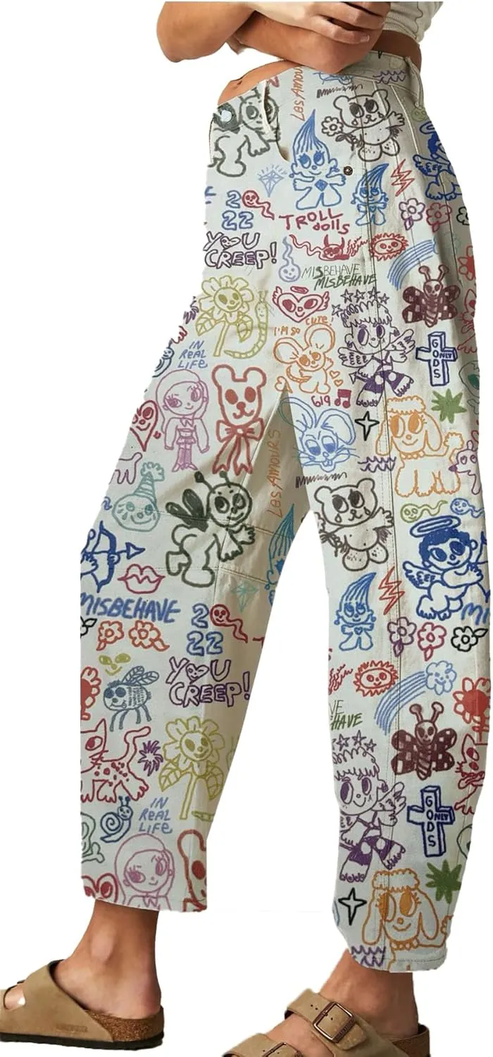 Women Barrel Jeans Casual Wide Leg Baggy Daisy Printed Pants Y2k Boyfriend Mid Rise Denim Ankle Pants