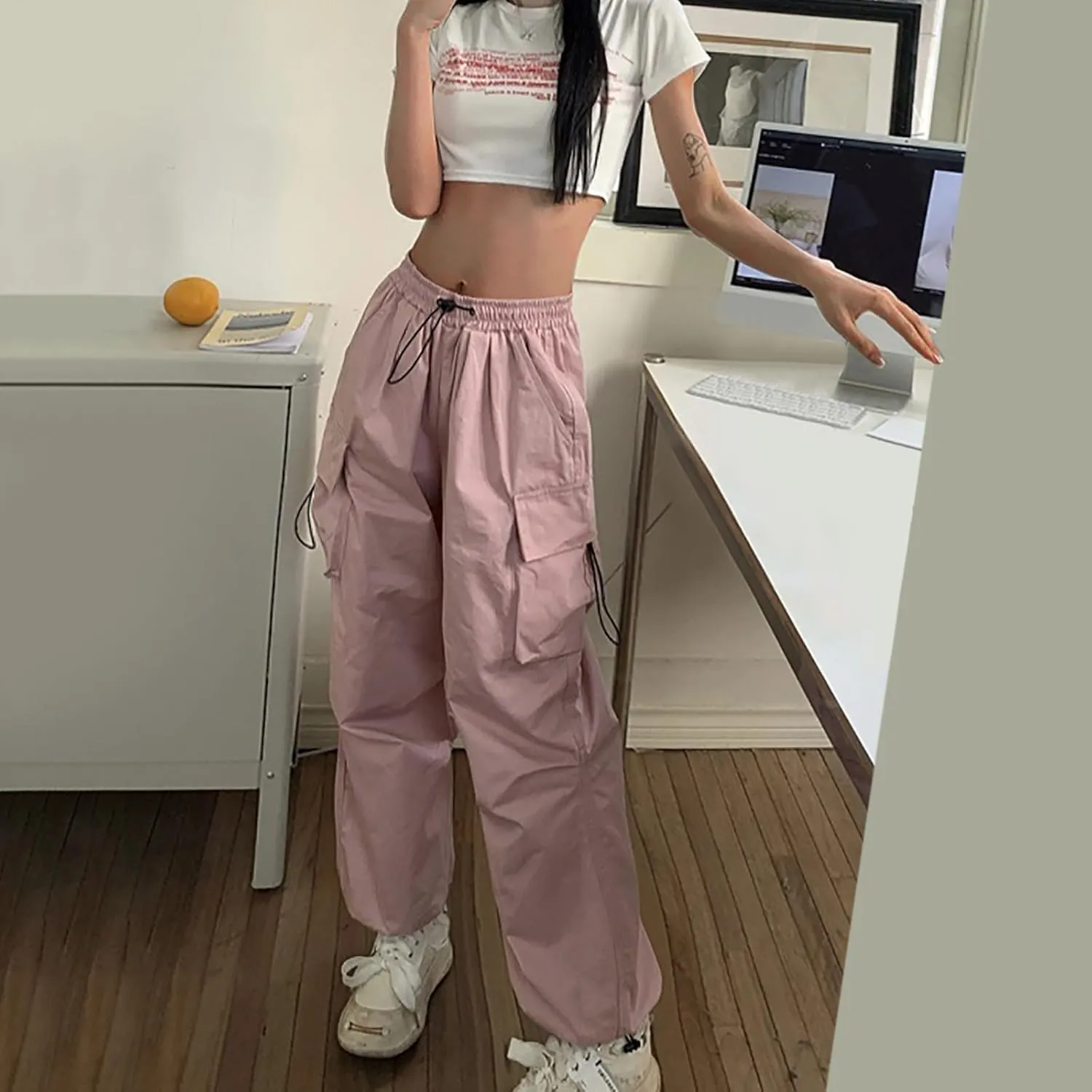 Women Elastic Waist Cargo Pants Parachute Drawstring Overalls Wide Leg Trendy Y2K Pants Teen Girls Hiking Trousers