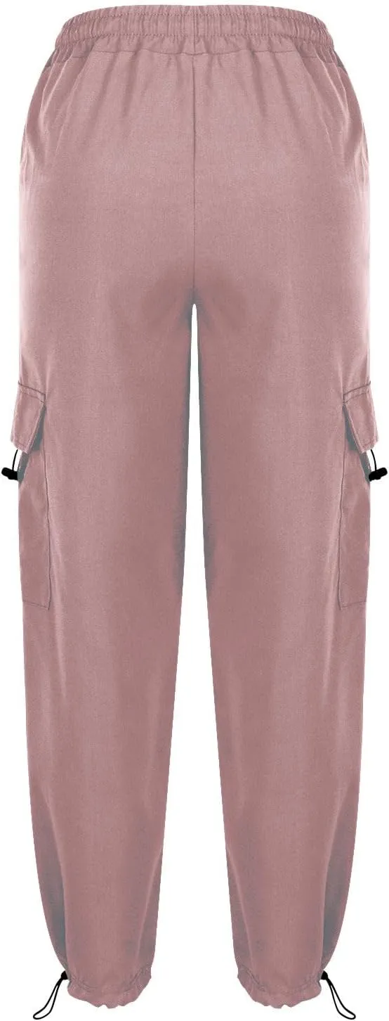 Women Elastic Waist Cargo Pants Parachute Drawstring Overalls Wide Leg Trendy Y2K Pants Teen Girls Hiking Trousers