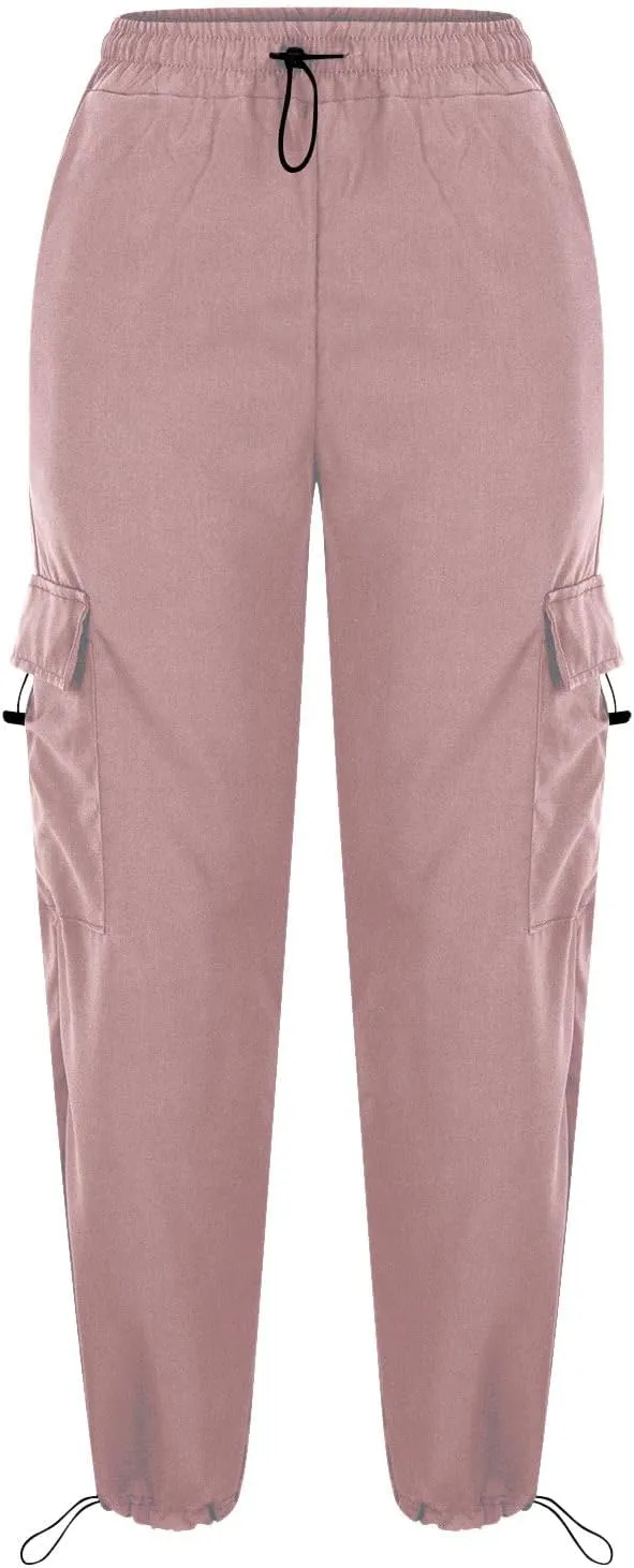 Women Elastic Waist Cargo Pants Parachute Drawstring Overalls Wide Leg Trendy Y2K Pants Teen Girls Hiking Trousers