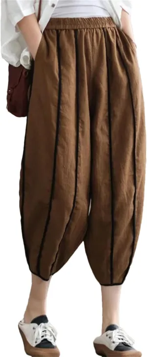 Women Elastic Waist Striped Harem Pants Ankle-Length Casual Loose Vintage Pants with Pocket