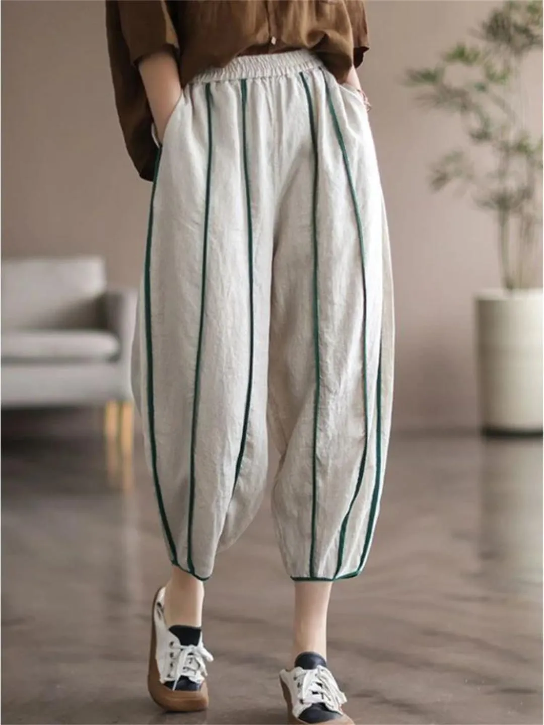 Women Elastic Waist Striped Harem Pants Ankle-Length Casual Loose Vintage Pants with Pocket
