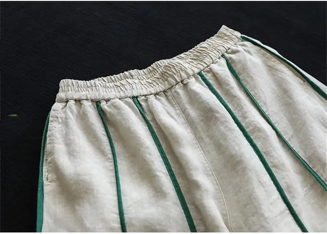 Women Elastic Waist Striped Harem Pants Ankle-Length Casual Loose Vintage Pants with Pocket