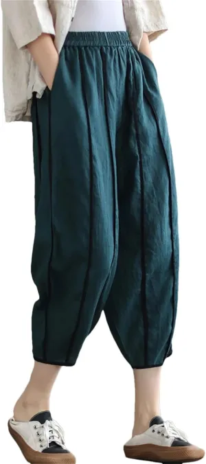 Women Elastic Waist Striped Harem Pants Ankle-Length Casual Loose Vintage Pants with Pocket