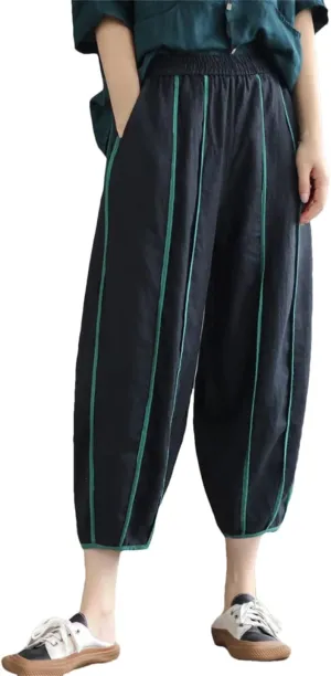 Women Elastic Waist Striped Harem Pants Ankle-Length Casual Loose Vintage Pants with Pocket