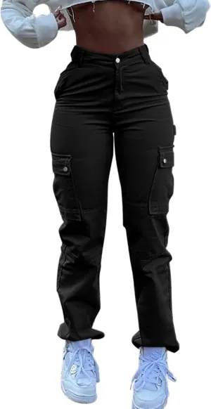 Women Fashion Streetwear Pockets High Waist Straight Vintage Baggy Trousers Cargo Pants Pants with Pockets for