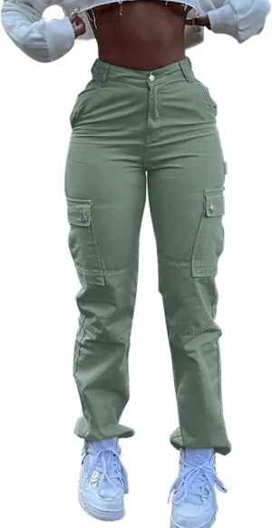 Women Fashion Streetwear Pockets High Waist Straight Vintage Baggy Trousers Cargo Pants Pants with Pockets for