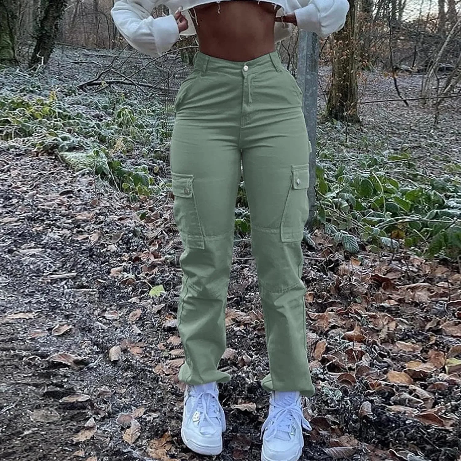 Women Fashion Streetwear Pockets High Waist Straight Vintage Baggy Trousers Cargo Pants Pants with Pockets for