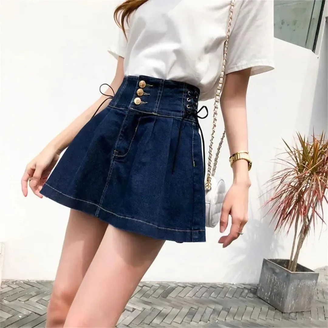 Women High Waisted Denim Short Skirts Lace-Up A-Line Skirt Streetwear All-Match Pleated Skirts