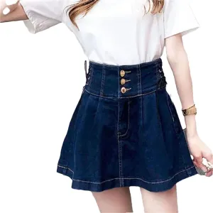 Women High Waisted Denim Short Skirts Lace-Up A-Line Skirt Streetwear All-Match Pleated Skirts