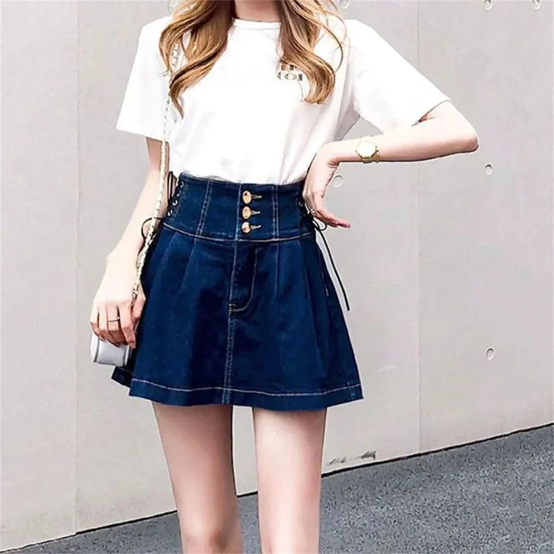 Women High Waisted Denim Short Skirts Lace-Up A-Line Skirt Streetwear All-Match Pleated Skirts