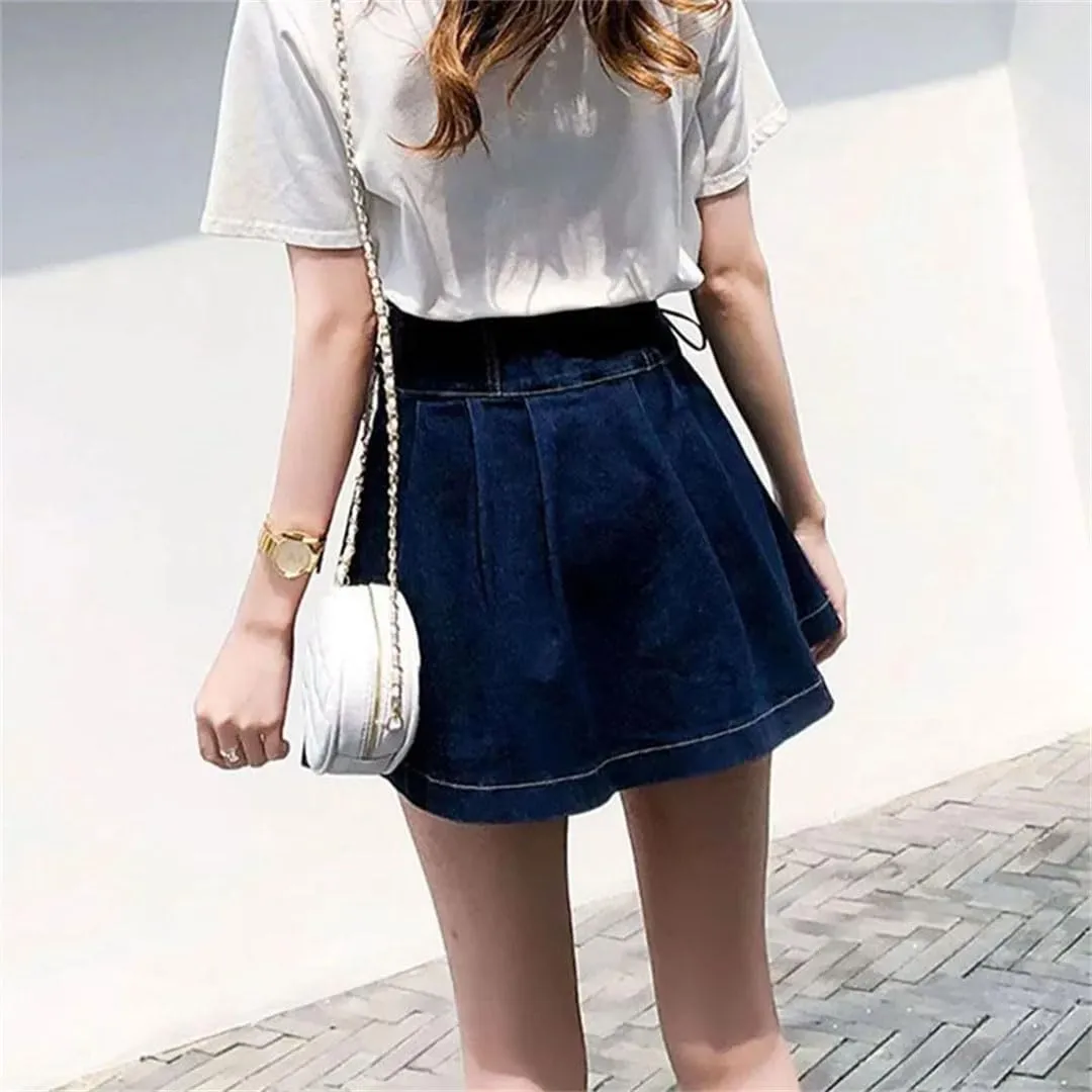 Women High Waisted Denim Short Skirts Lace-Up A-Line Skirt Streetwear All-Match Pleated Skirts
