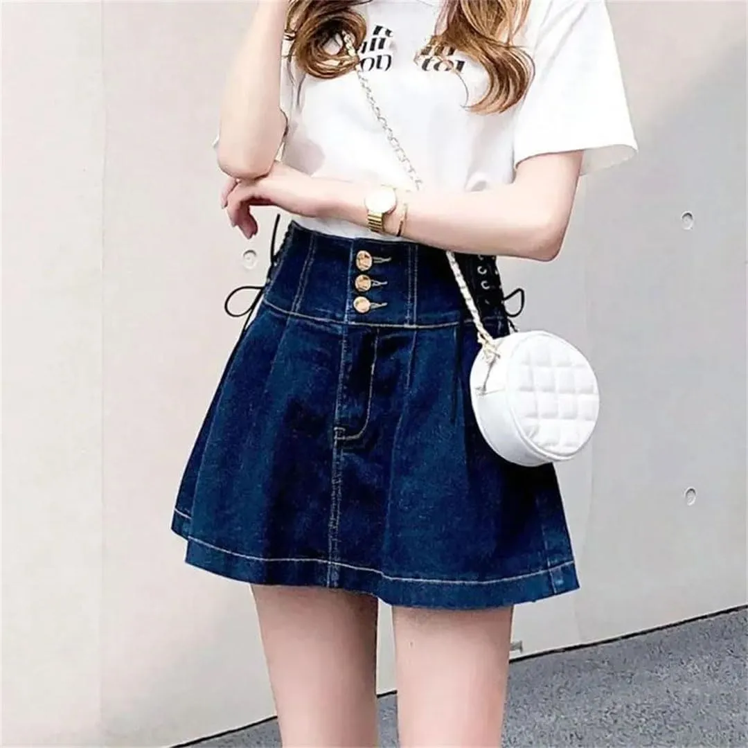 Women High Waisted Denim Short Skirts Lace-Up A-Line Skirt Streetwear All-Match Pleated Skirts