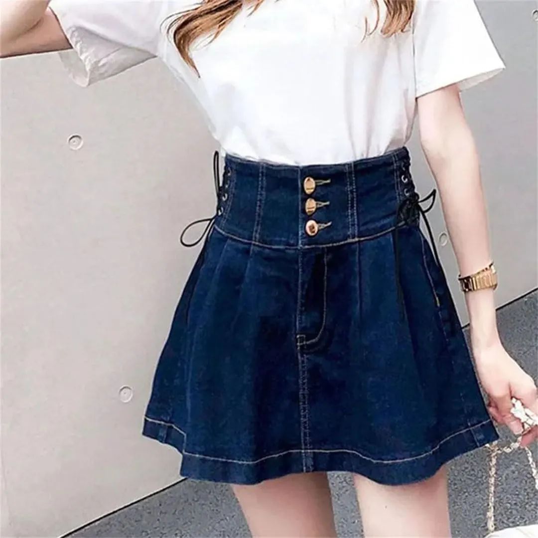 Women High Waisted Denim Short Skirts Lace-Up A-Line Skirt Streetwear All-Match Pleated Skirts