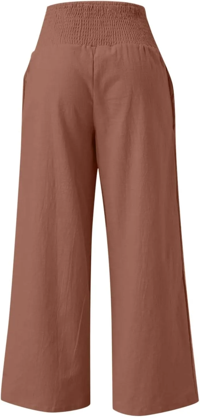 Women Linen Palazzo Pants Summer Boho Wide Leg High Waist Casual Lounge Pant 2024 Beach Travel Vacation Outfits