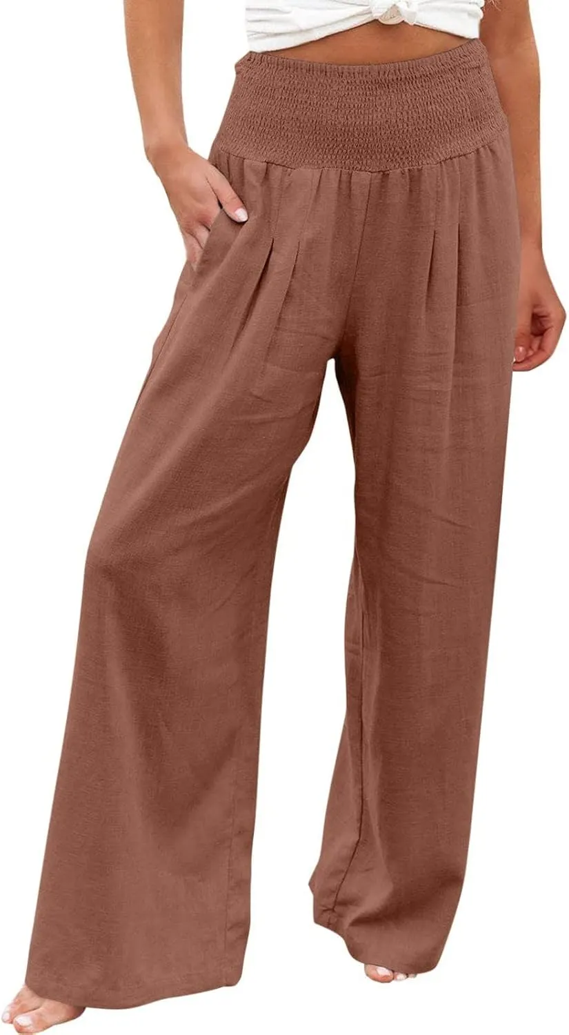 Women Linen Palazzo Pants Summer Boho Wide Leg High Waist Casual Lounge Pant 2024 Beach Travel Vacation Outfits