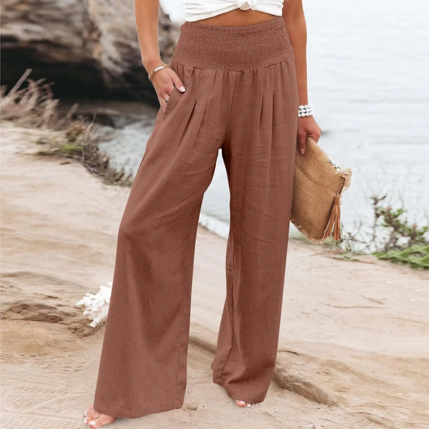Women Linen Palazzo Pants Summer Boho Wide Leg High Waist Casual Lounge Pant 2024 Beach Travel Vacation Outfits