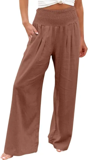 Women Linen Palazzo Pants Summer Boho Wide Leg High Waist Casual Lounge Pant 2024 Beach Travel Vacation Outfits