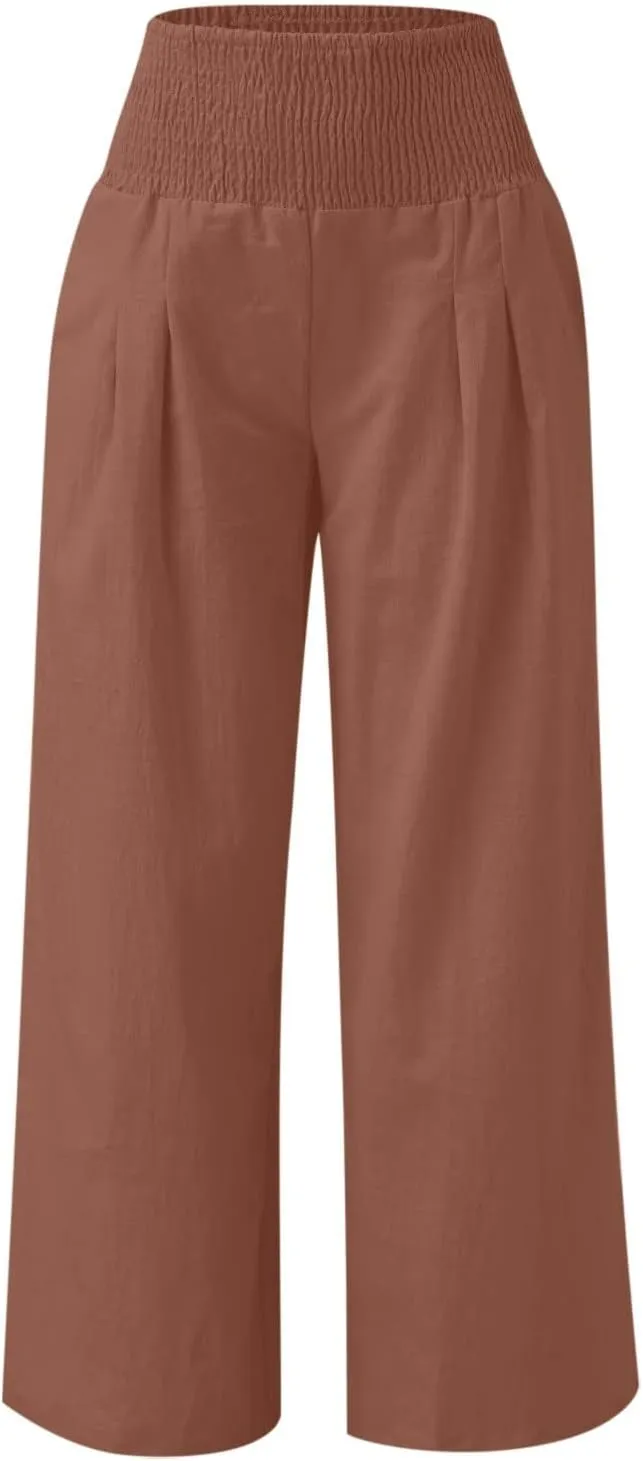 Women Linen Palazzo Pants Summer Boho Wide Leg High Waist Casual Lounge Pant 2024 Beach Travel Vacation Outfits