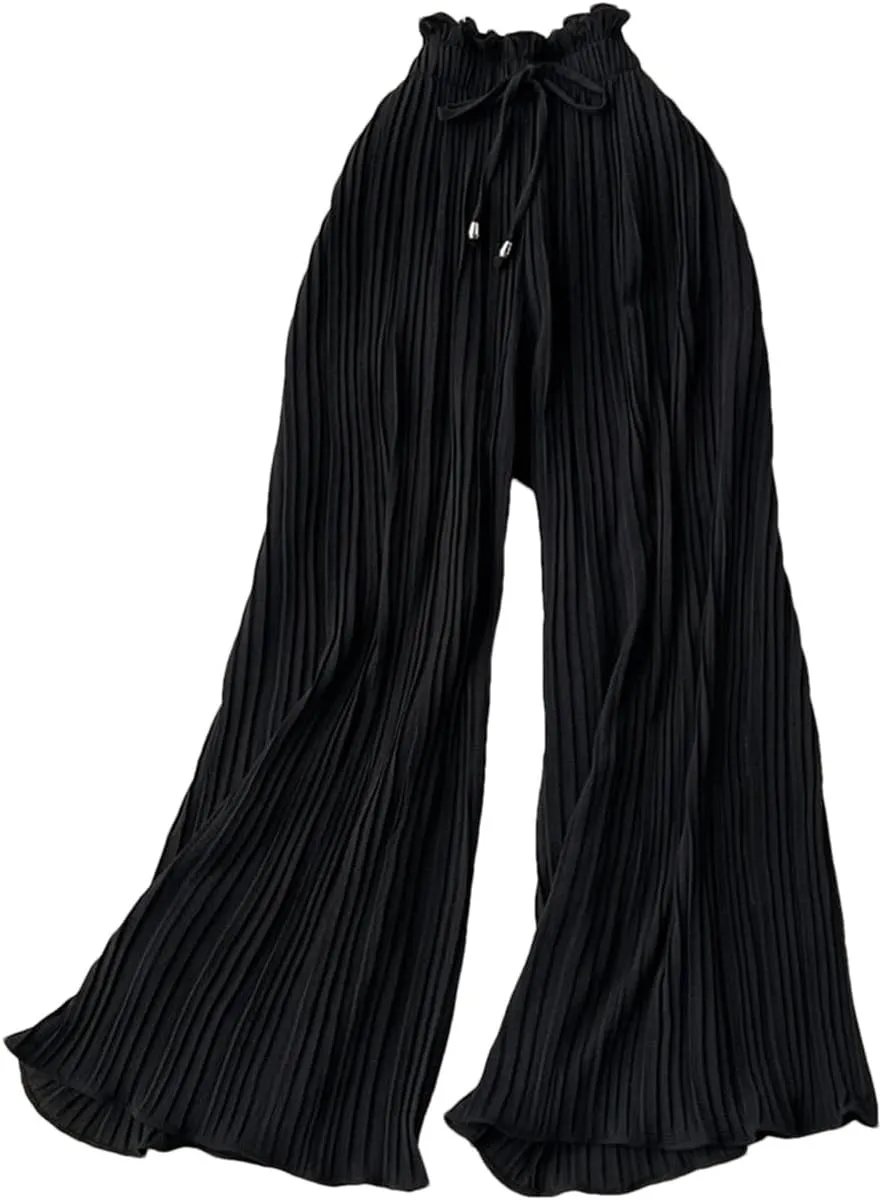 Women Summer Oversize Draped Wide Legs Pants High Waist Solid Long Pleated Trousers