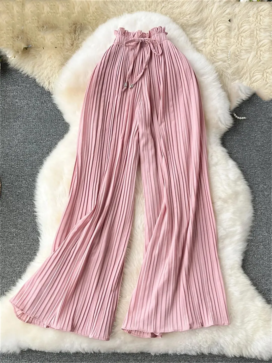 Women Summer Oversize Draped Wide Legs Pants High Waist Solid Long Pleated Trousers