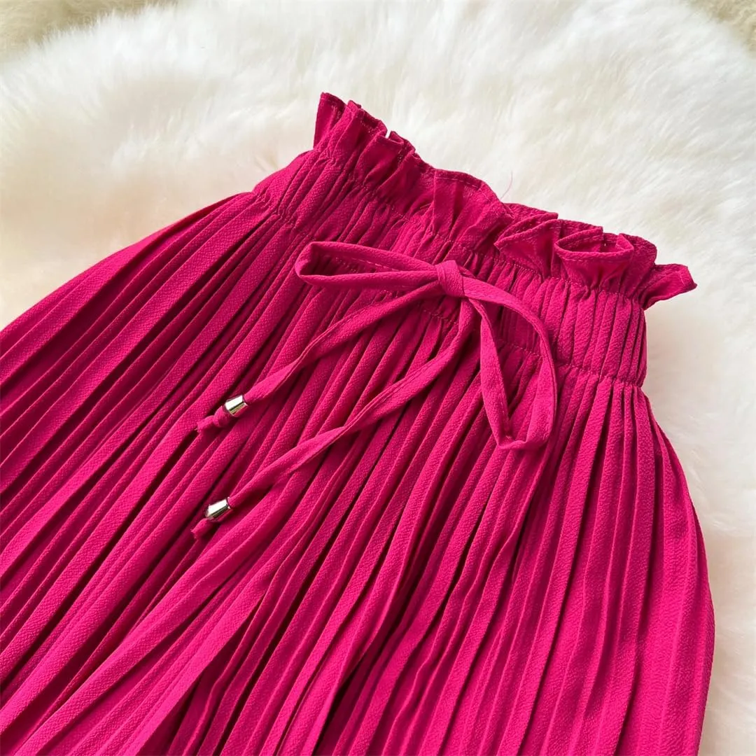 Women Summer Oversize Draped Wide Legs Pants High Waist Solid Long Pleated Trousers