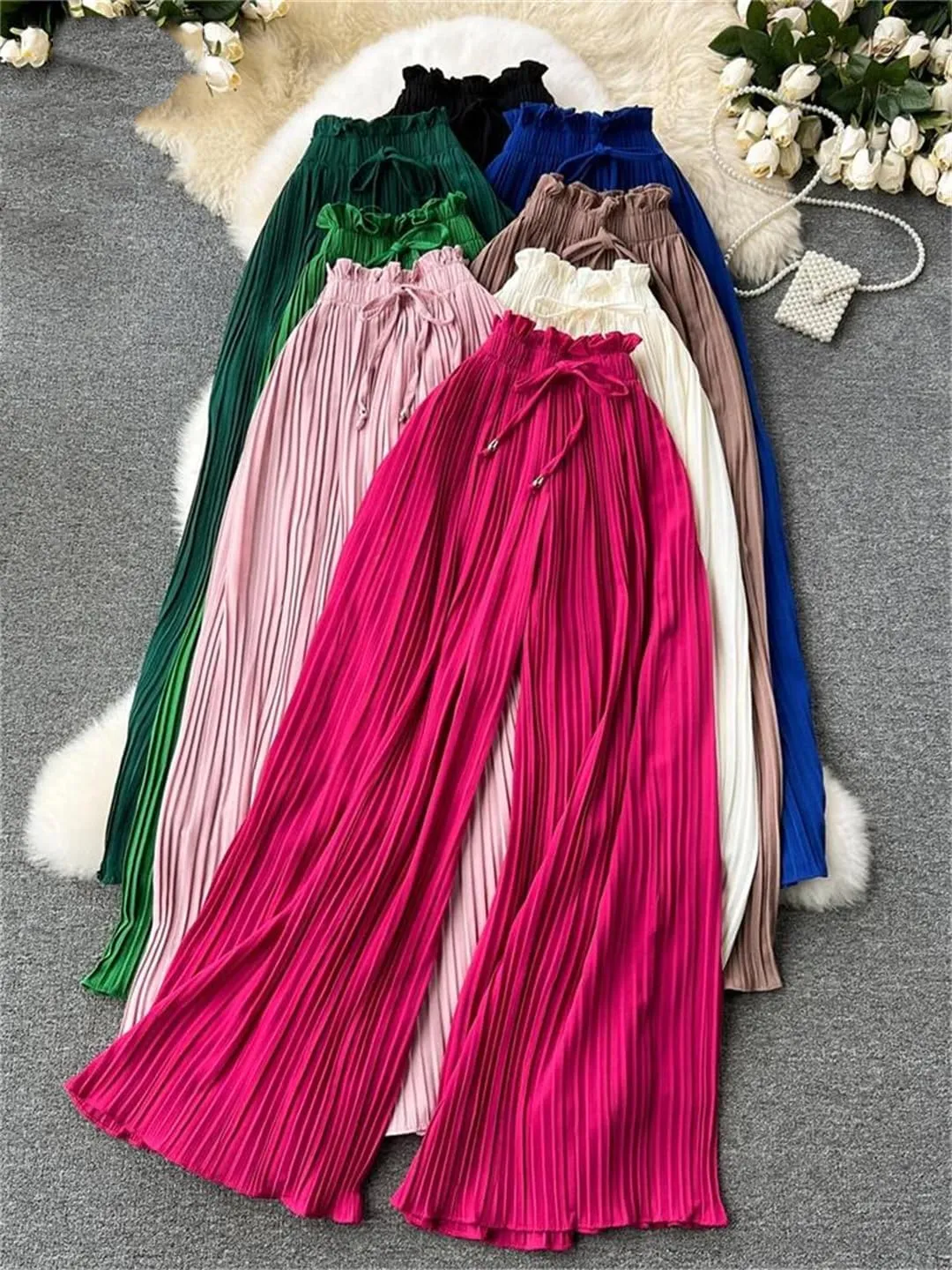 Women Summer Oversize Draped Wide Legs Pants High Waist Solid Long Pleated Trousers